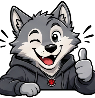 Wolfy, la mascotte GO MEETWOLF, fait un clin d'œil pouce levé