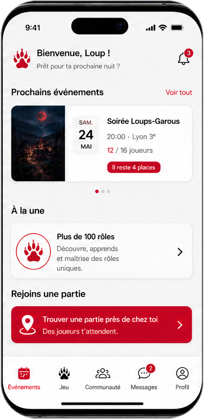 L'écran d'accueil de l'application GO MEETWOLF